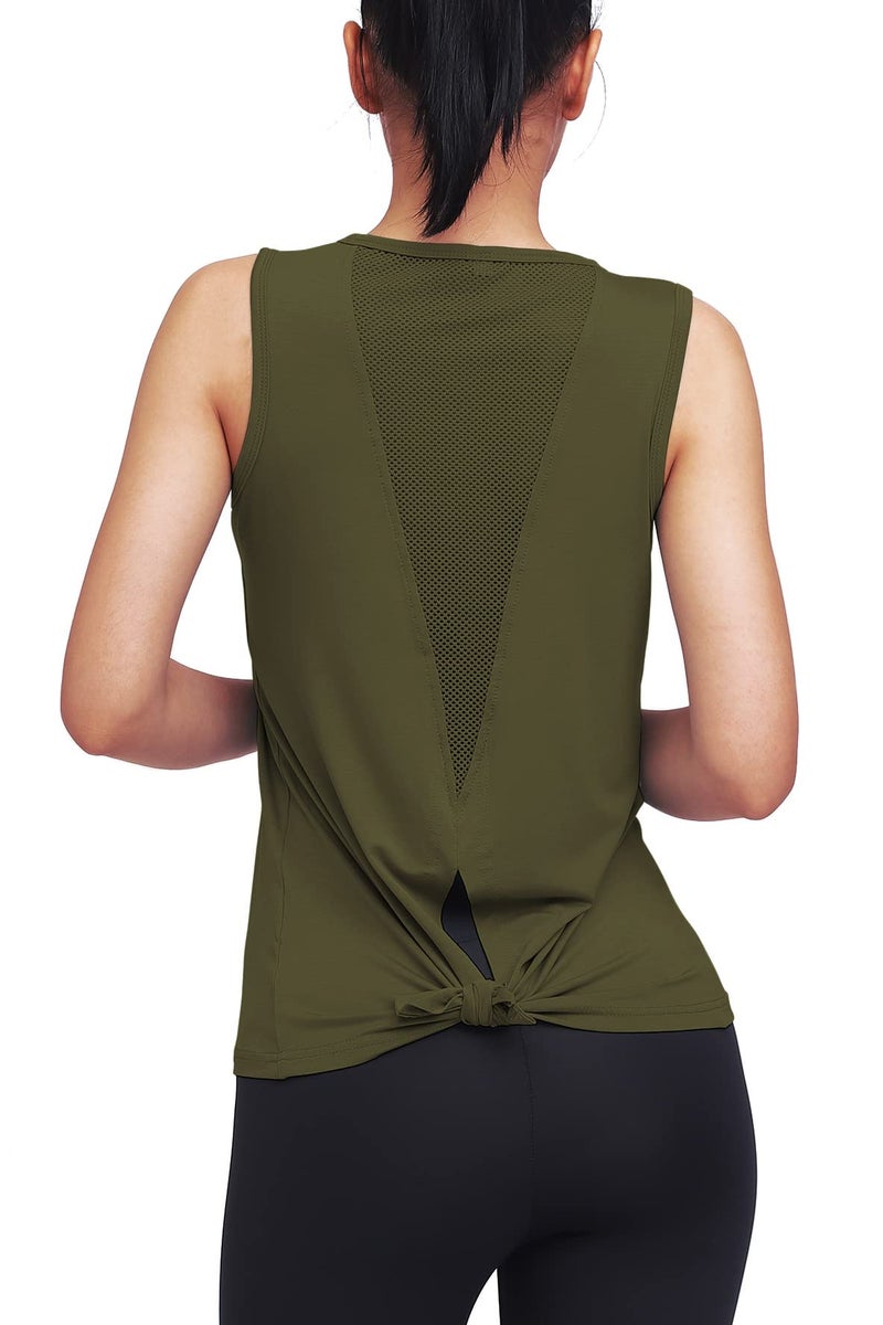 Mippo Workout Tops for Women Yoga Clothes Running Shirts Tie Back Tanks Tennis Shirts Athletic Exercise Tops Army Green S - Image 5